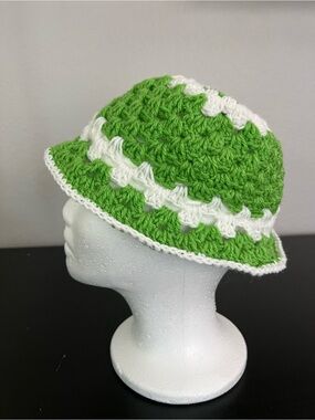 Handmade Green & White Crochet Bucket Hat for Kids